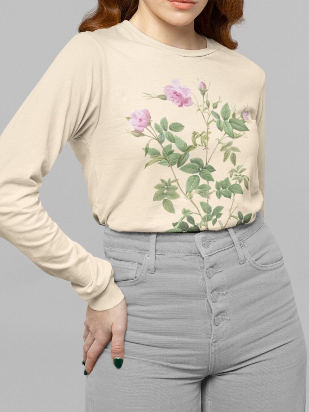 Wild Rose Vintage Floral Print Long Sleeve Graphic Tee T-shirt S-XXL